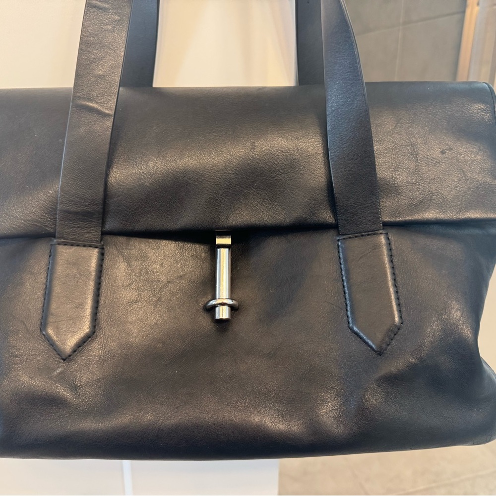 Elizabeth and James Black Leather Shoulder Bag with Silver Accent
